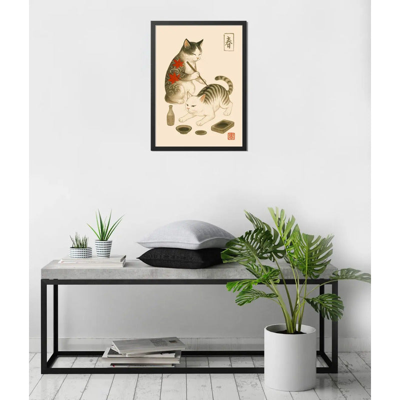 Cuadro Gato Arte Japonés Tattoo Tebori Tatuador Decoracion Marco Negro