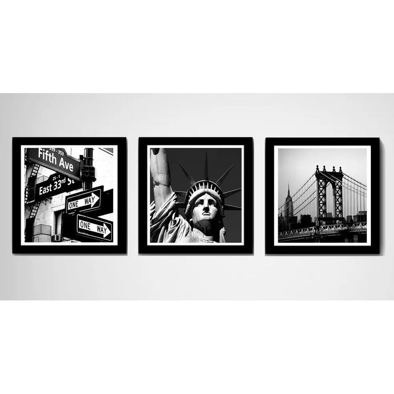 Set 3 Cuadros Nueva York Blanco Y Negro Ciudad - 33x33cm Marco Negro
