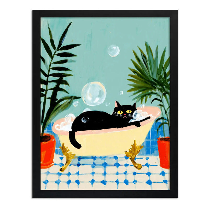 Cuadro Bano Gato Negro Banera Spa Botanico Plantas Arte Marco Negro