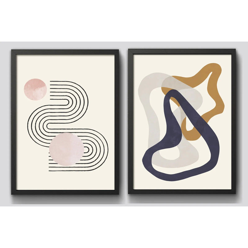 Set 2 Cuadros Boho Abstracto Duo Líneas Geométricas Fluidas Marco Negro