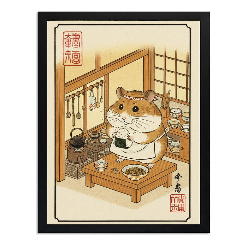 Cuadro Hamster Chef Sushi Comida Japón Cocina Decoracion Marco Negro