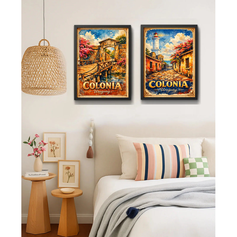 Set 2 Cuadros Colonia Del Sacramento Arte Retro Uruguay Marco Negro
