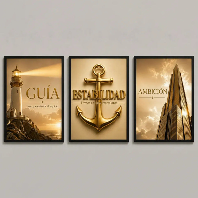 Set 3 Cuadros Motivacional Faro Ancla Rascacielos Oficina Marco Negro