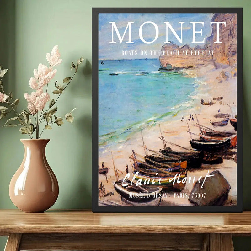 Cuadro Dormitorio Living Claude Monet Barcos Playa Étretat Marco Negro