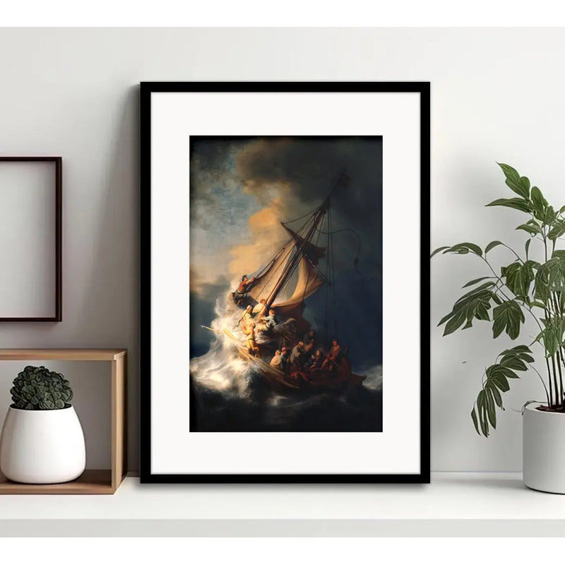Cuadro Rembrandt Estilo Arte Barroco Decoracion Con Paspartú La Tormenta En El Mar De Galilea Con Marco Negro