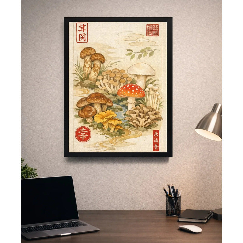 Cuadro Hongos Cucumelos Botanico Japón Vintage Arte Cocina Marco Negro