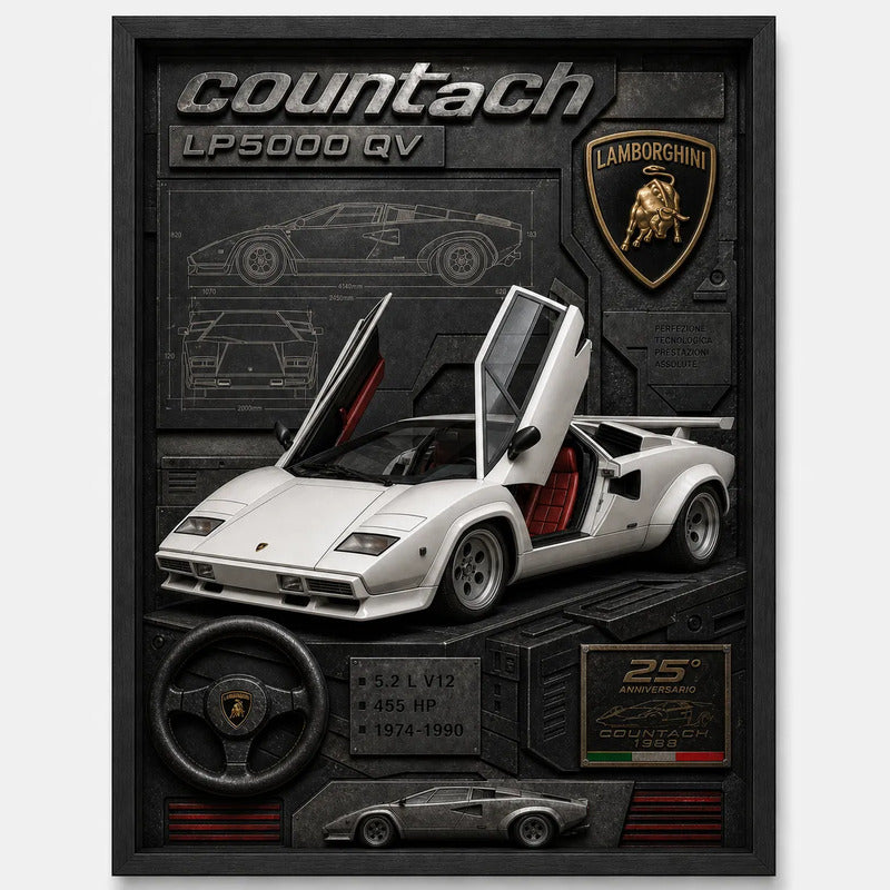 Cuadro Lamborghini Lp Auto Icónico Detalles Specs Efecto 3d Marco Negro