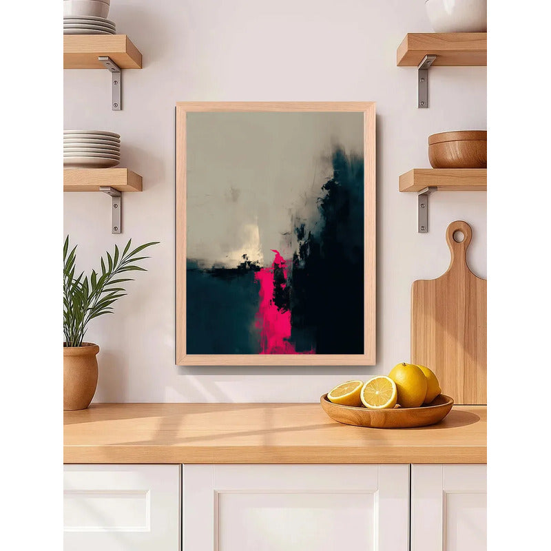 Cuadro Dormitorio Living Boho Abstracto Neón Rosa Beige Oak Marco Marrón Claro
