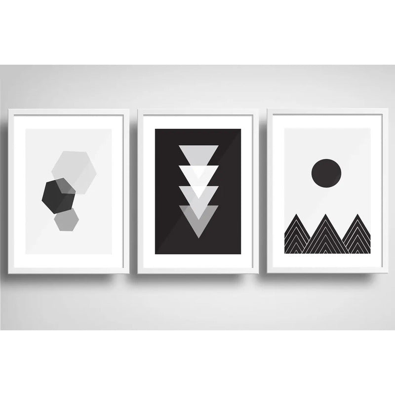 Set 3 Cuadros Geometrico Blanco Negro Escandinavo Paspartu