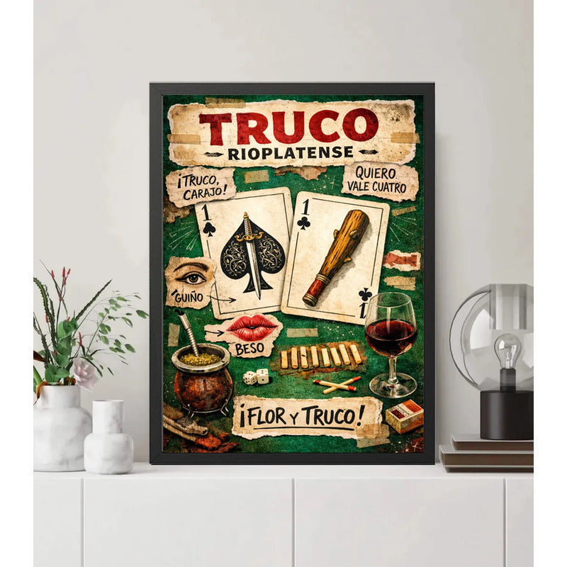 Cuadro Truco Rioplatense Juego De Naipes Arte Retro Uruguay Marco Negro