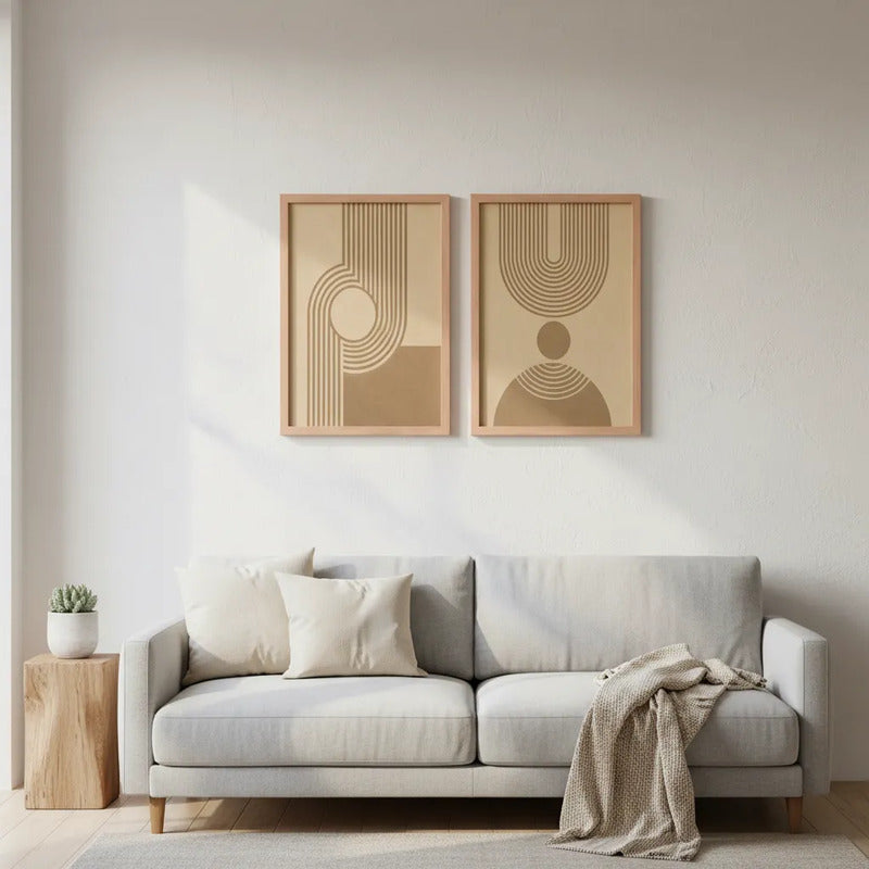 Set 2 Cuadros Dormitorio Living Boho Arcos Y Círculos Beige Marco Marrón Claro