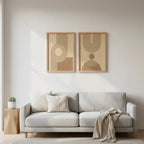 Set 2 Cuadros Dormitorio Living Boho Arcos Y Círculos Beige Marco Marrón Claro