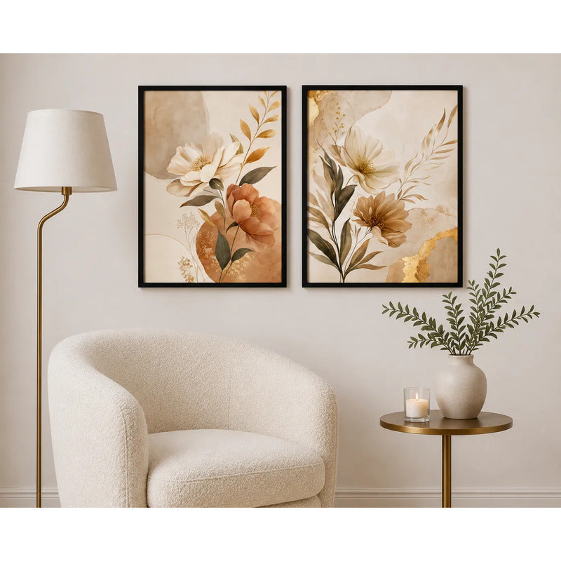 Set 2 Cuadros Hojas Beige Dorado Abstracto Decora Living Marco Negro