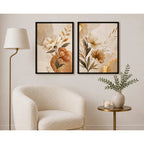 Set 2 Cuadros Hojas Beige Dorado Abstracto Decora Living Marco Negro