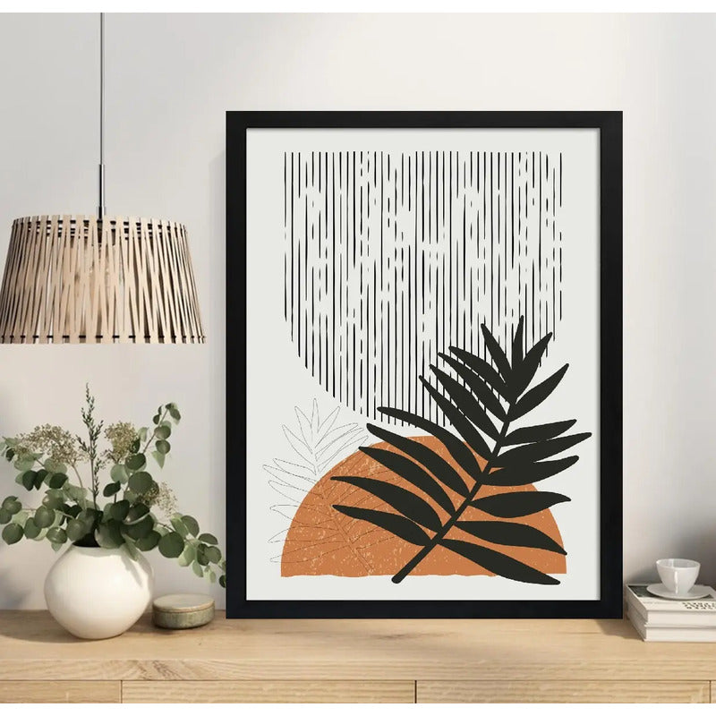 Cuadro Dormitorio Living Boho Abstracto Hoja Geometrico Arte Marco Negro