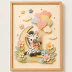 Cuadro Dormitorio Infantil Bebe Cebra Globos Flor Efecto 3d Marco Madera Oak Madera Clara