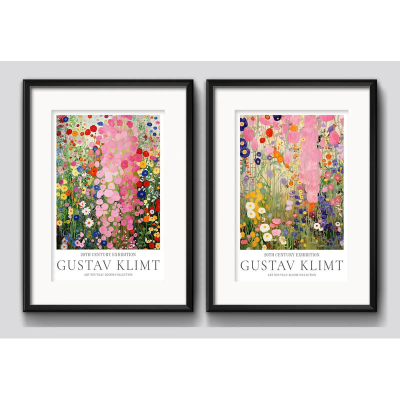 Set 2 Cuadros Gustav Klimt Jardín De Flores Bs1 Con Paspartú Marco Negro