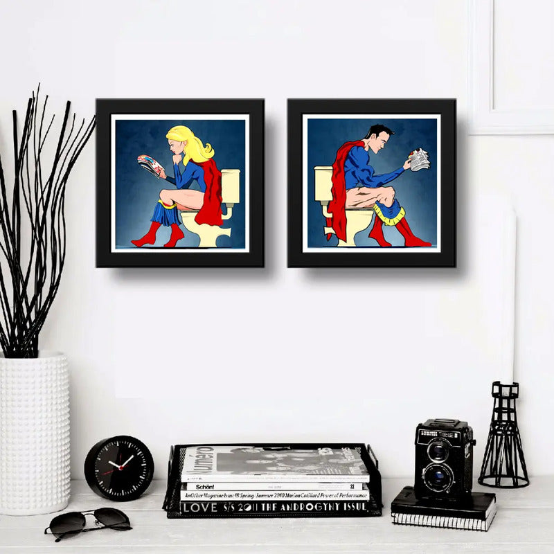 Set 2 Cuadros Superman Supergirl Baño Héroes Comics Decora