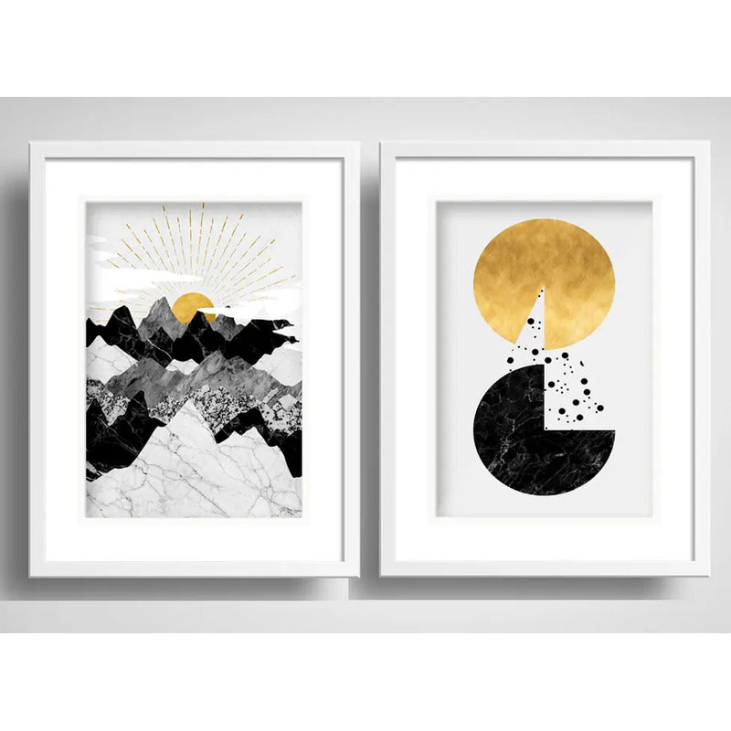Set 2 Cuadros Abstrato Geometrico Montaña Sol Gold Paspartú