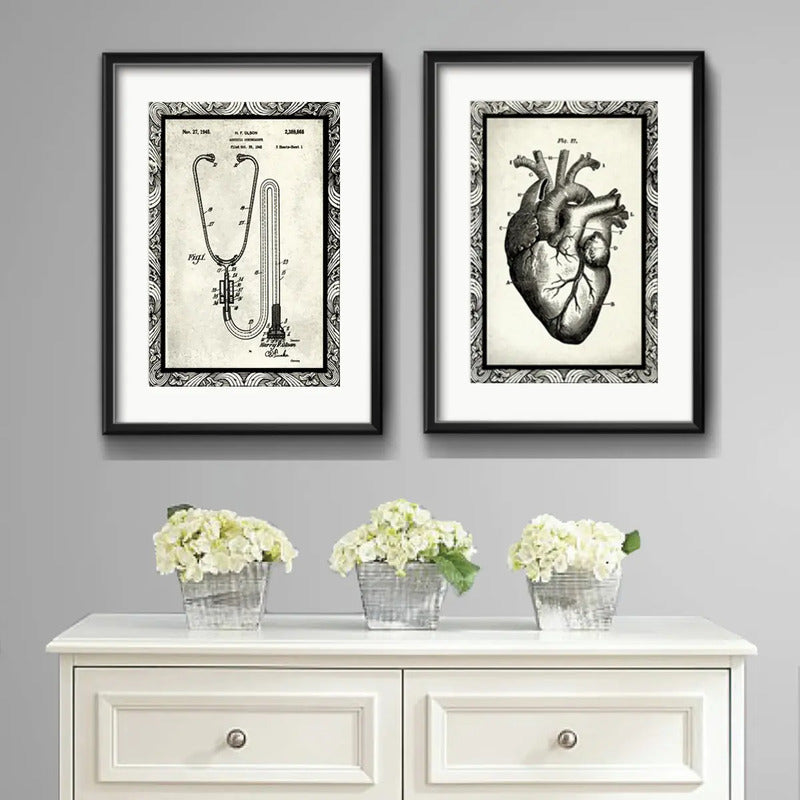 Set 2 Cuadros Estetoscópio Corazón Medico Arte Con Paspartu