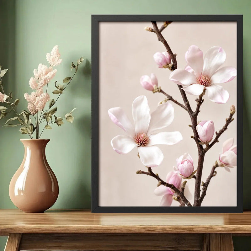 Cuadro Dormitorio Living Flores Rosa De Primavera Magnolia 3 Marco Negro