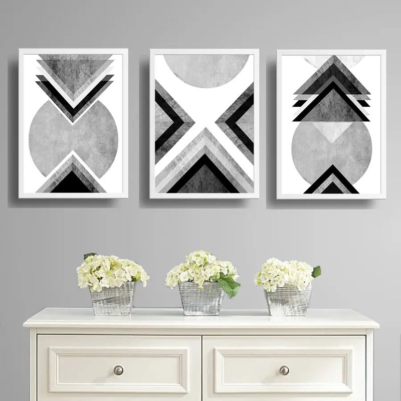 Set 3 Cuadros Geometrico Abstrato Escandinavo Blanco Y Negro