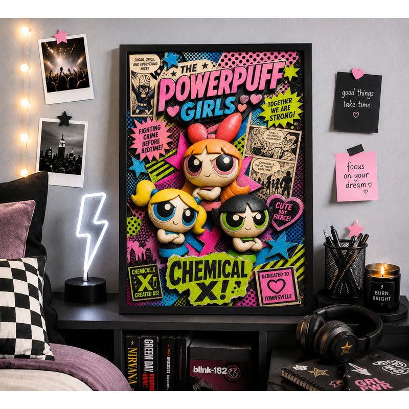 Cuadro Las Chicas Superpoderosas Powerpuff Girls Efecto 3d Marco Negro