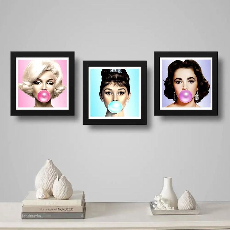 Set 3 Cuadros Marilyn Monroe Chicle Audrey Elizabeth Pop Art