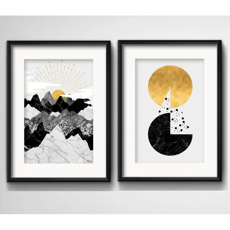 Set 2 Cuadros Abstrato Geometrico Montaña Sol Gold Paspartú