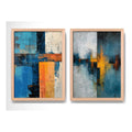 Set 2 Cuadros Dormitorio Living Abstracto Arte Azul Dorado Marco Marrón Claro