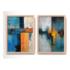 Set 2 Cuadros Dormitorio Living Abstracto Arte Azul Dorado Marco Marrón Claro