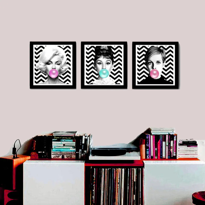 Set 3 Cuadros Marilyn Monroe Audrey Hepburn Twiggy Chicle