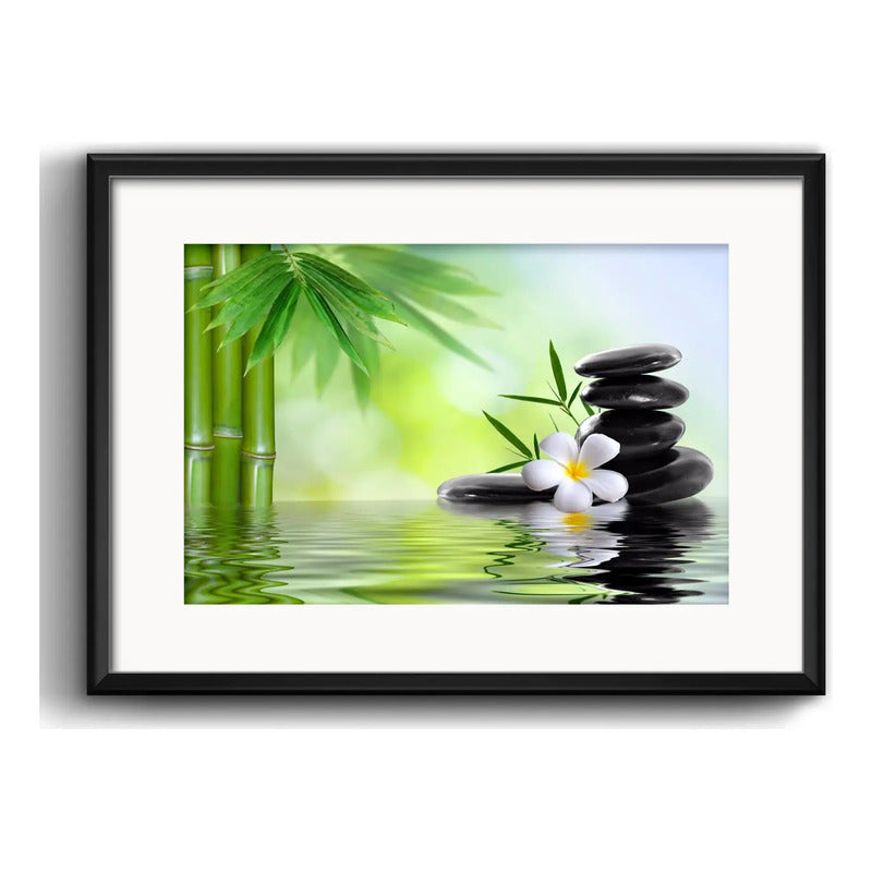 Cuadro Spa Masaje Piedras Bamboo Br1 Decoracion Con Paspartú Marco Negro