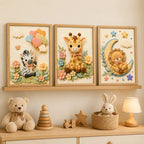 Set 3 Cuadros Infantil Bebe Cebra Jirafa Leon Luna Efecto 3d Marco Madera Oak Madera Clara