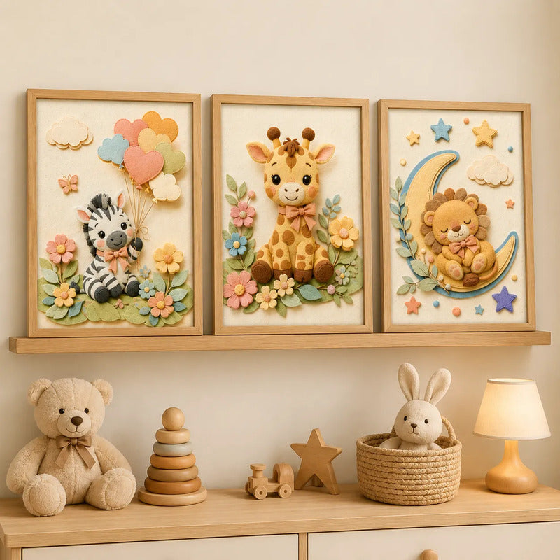 Set 3 Cuadros Infantil Bebe Cebra Jirafa Leon Luna Efecto 3d Marco Madera Oak Madera Clara