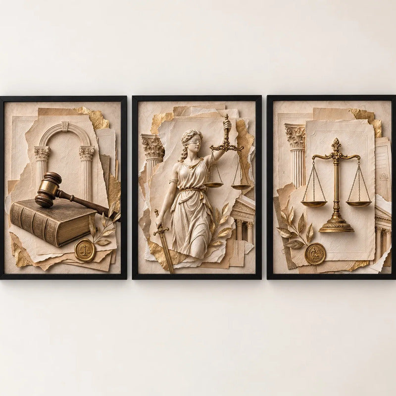 Set 3 Cuadros Temática Jurídica Abogado Efecto 3d Tonos Oro Marco Negro
