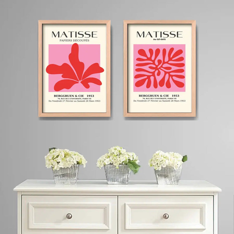 Set 2 Cuadros Dormitorio Living Matisse Tonos Rosa Pink Marco Marrón Claro
