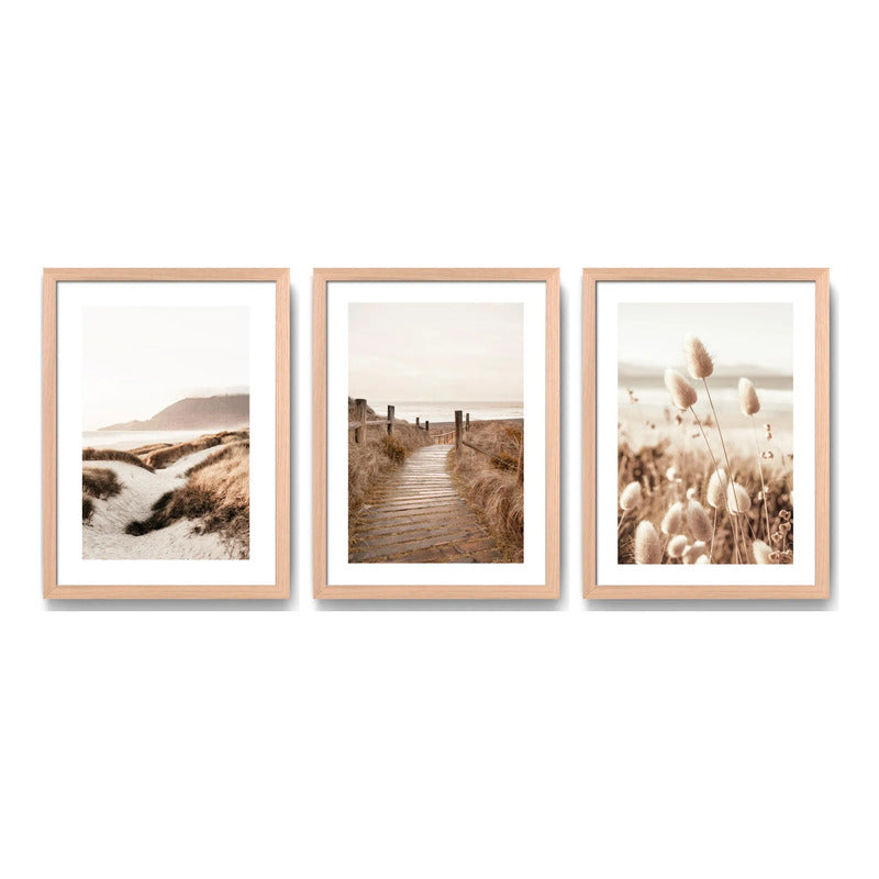 Set 3 Cuadros Paisajes De Playa Tonos Beige Neutros Dunas Marco Madera Natural Oak