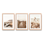 Set 3 Cuadros Paisajes De Playa Tonos Beige Neutros Dunas Marco Madera Natural Oak