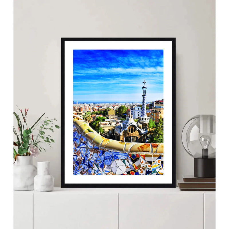 Cuadro Barcelona Espana Park Güell Casas Foto Ciudad Paisaje Marco Negro