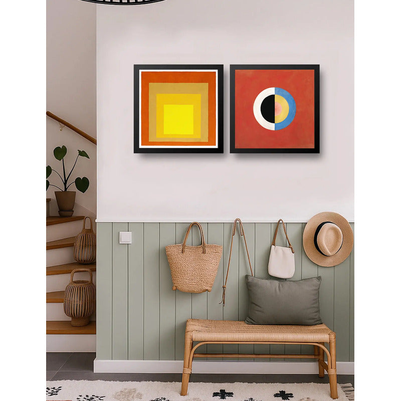 Set 2 Cuadros Josef Albers Hilma Af Klint Tonos Rojo 33x33cm Marco Negro