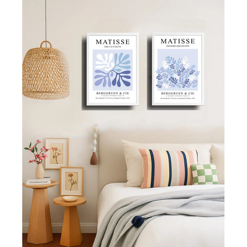Set 2 Cuadros Dormitorio Living Matisse Tonos Azul Indigo Marco Blanco