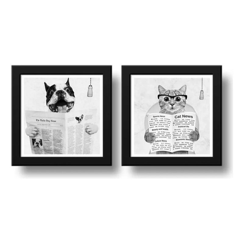 Set 2 Cuadros Perro Gato Baño Blanco Y Negro Mascotas Decora