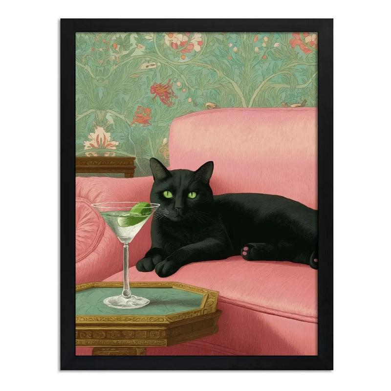 Cuadro Gato Martini Sofá Drink Arte Decoracion Living Cocina Marco Negro