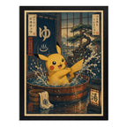 Cuadro Pikachu Baño Termal Onsen Arte Japones Pokemon Anime Marco Negro