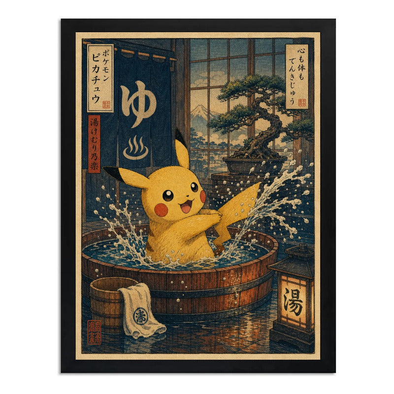 Cuadro Pikachu Baño Termal Onsen Arte Japones Pokemon Anime Marco Negro