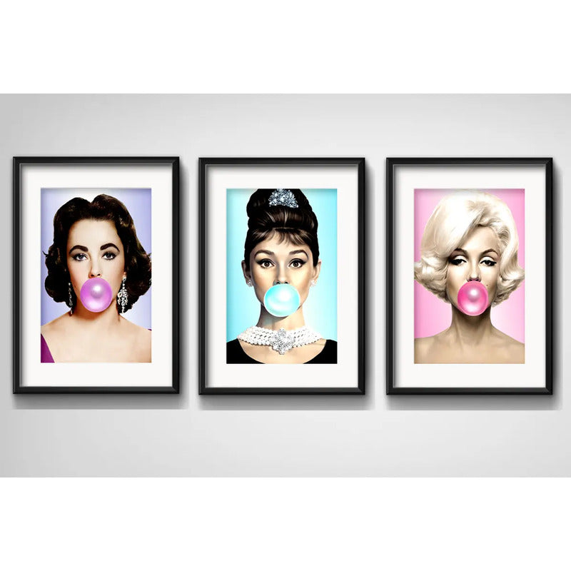 Set 3 Cuadros Marilyn Audrey Elizabeth Chicle Con Paspartú