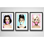 Set 3 Cuadros Marilyn Audrey Elizabeth Chicle Con Paspartú