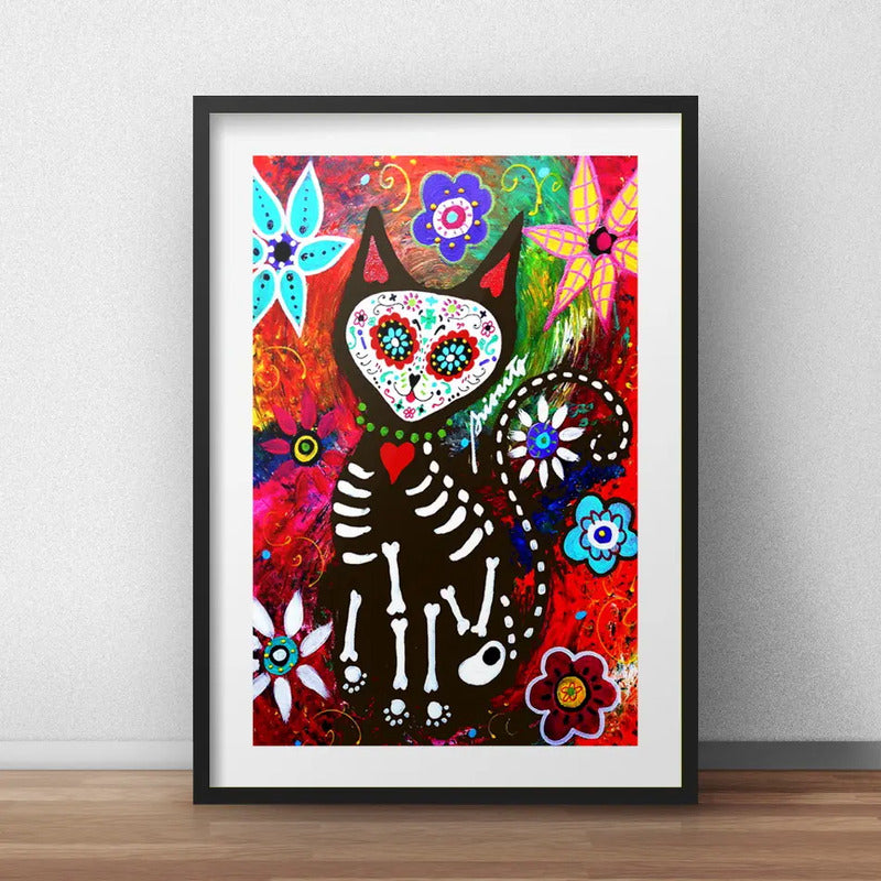 Cuadro Gato Perro Calavera Mexicana Decoracion Con Paspartú