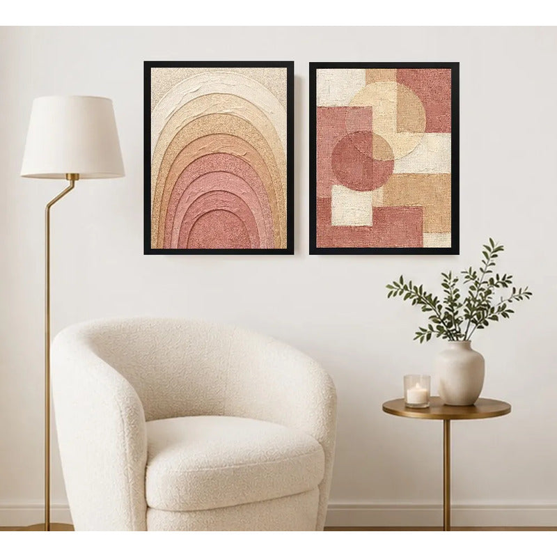 Set 2 Cuadros Boho Arte Abstracto Tonos Tierra Decora Living Marco Negro